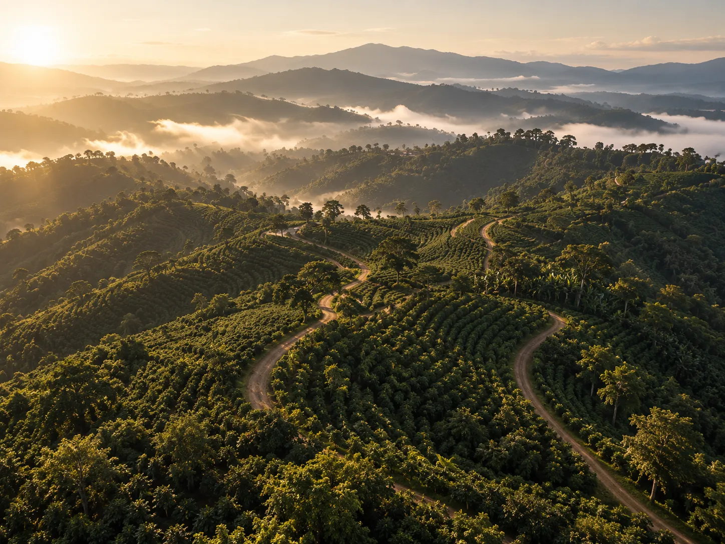 Terraced coffee hills at sunrise, with mist in the valleys