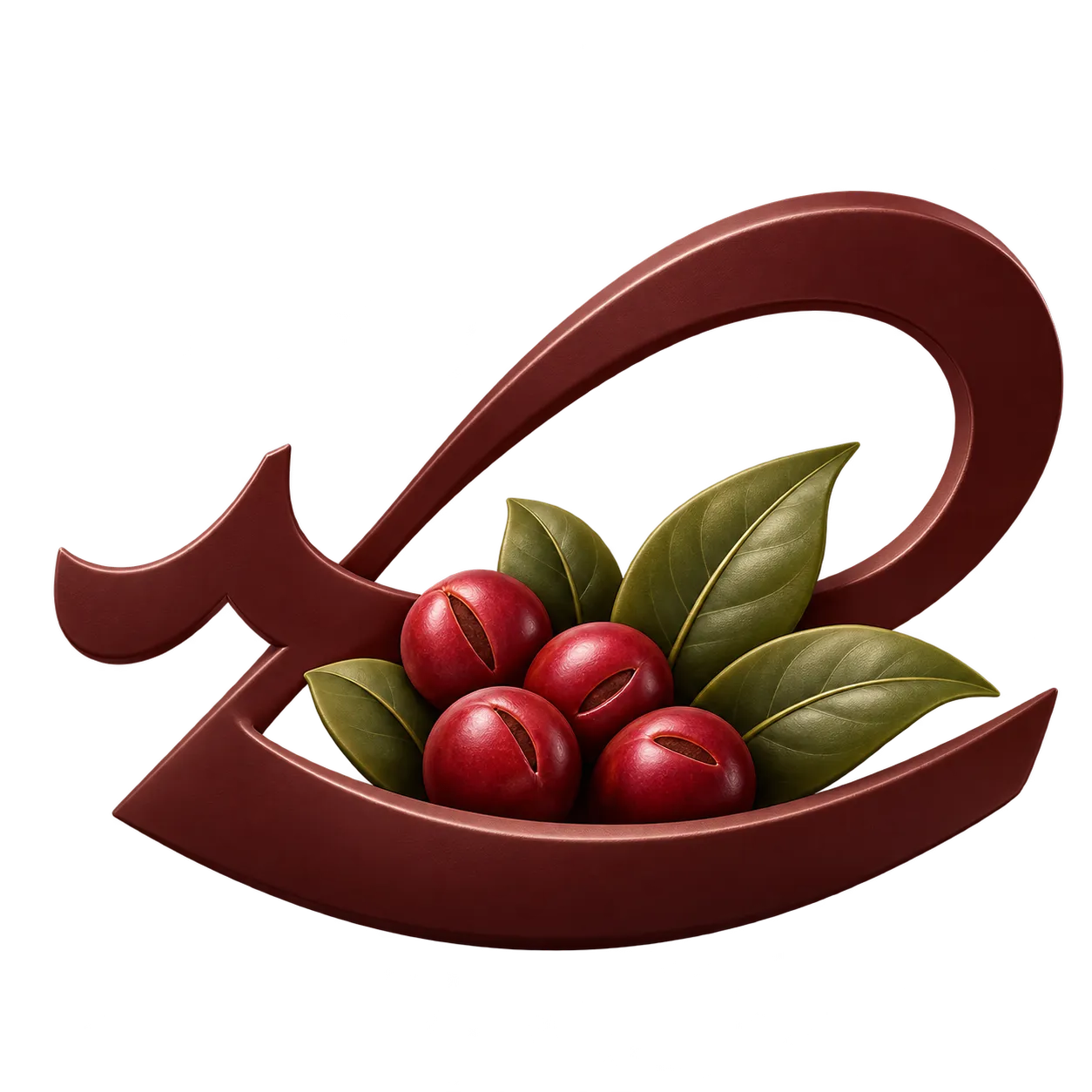 The letter ص from the Haseel wordmark, cradling ripe coffee cherries